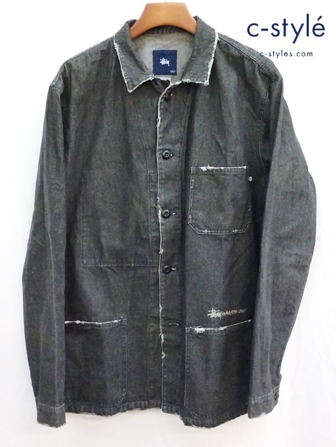 STUSSY ステューシー 浜松チャプト記念 デニムカバーオール XL ブラック ダメージ加工 タグ付