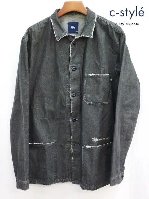 STUSSY ステューシー 浜松チャプト記念 デニムカバーオール XL ブラック ダメージ加工 タグ付