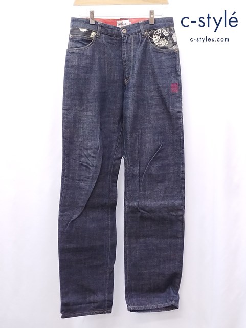 絡繰魂 カラクリダマシイ デニムパンツ 30 インディゴ 和柄 鯉 刺繍 293762 三葉葵