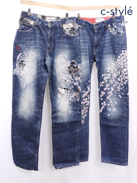 絡繰魂 カラクリダマシイ デニムパンツ 30 インディゴ 和柄 鯉 枝垂桜 刺繍