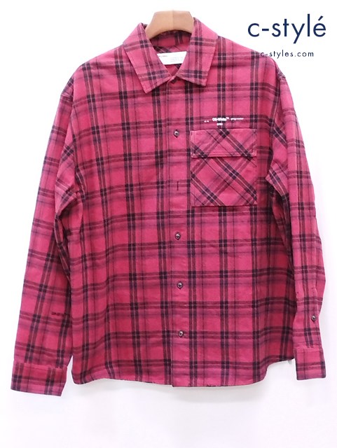 off-White オフホワイト チェックシャツ S レッド×ブラック ARROW PATCHED FLANNNEL CHECK OVERSIZED SHIRT