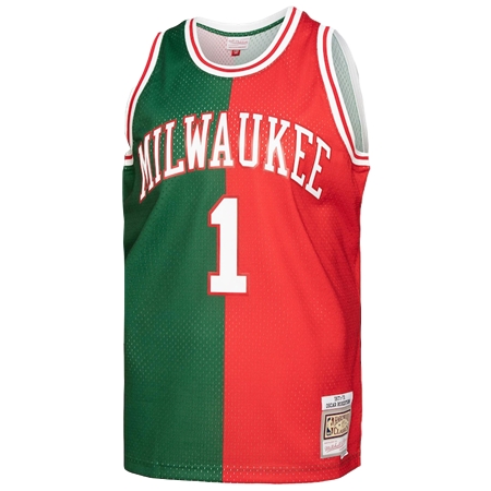 Milwaukee Bucks(ミルウォーキー バックス) バスケットボール ユニフォーム メンズ・Mitchell & Ness オスカー・ロバートソン グリーン/レッド ミルウォーキー・バックス Hardwood Classics 1971/72 スプリット スウィングマンジャージ