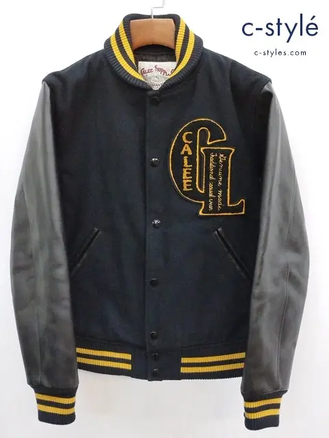 CALEE キャリー スタジアムジャンパー L ブラック 袖レザー 牛革