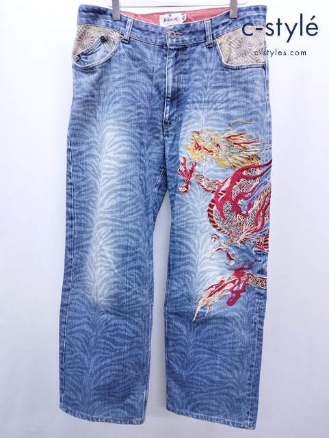 絡繰魂 カラクリダマシイ デニムパンツ 36 インディゴ×ベージュ系 昇り龍 刺繍 223220 綿100％