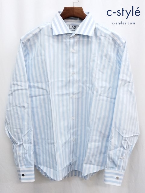 HERMES エルメス 長袖シャツ 43 ブルー系 ストライプ フランス製
