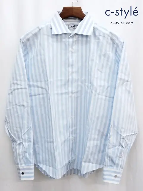 HERMES エルメス 長袖シャツ 43 ブルー系 ストライプ フランス製