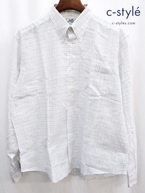 HERMES エルメス 長袖シャツ 43 ホワイト系 チェック フランス製