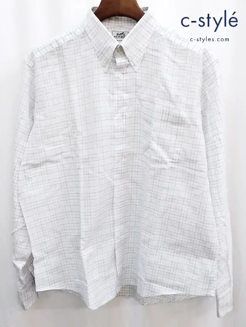 HERMES エルメス 長袖シャツ 43 ホワイト系 チェック フランス製