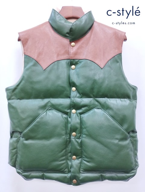 RAINBOW COUNTRY レザーベスト M ブラウン×オリーブ California MFG ALL Leather Down Vest