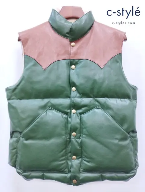 RAINBOW COUNTRY レザーベスト M ブラウン×オリーブ California MFG ALL Leather Down Vest