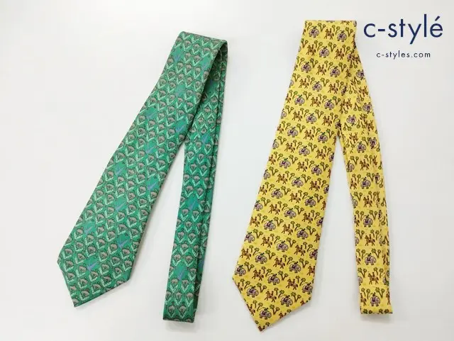 HERMES エルメス ネクタイ イエロー系 グリーン系 アニマル柄 馬 象 シルク100％