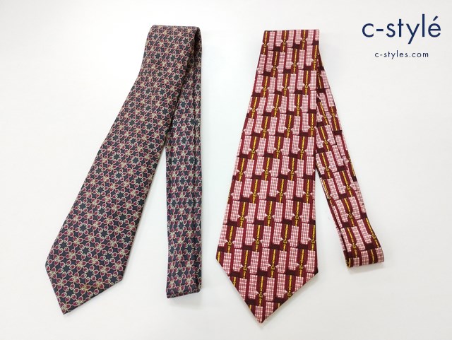 HERMES エルメス ネクタイ レッド系 マルチカラー ベルト柄 シルク100％