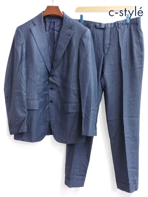 ISAIA イザイア 段返り3Bテーラードジャケット パンツ 48 ネイビー イタリア製 ストライプ セットアップ