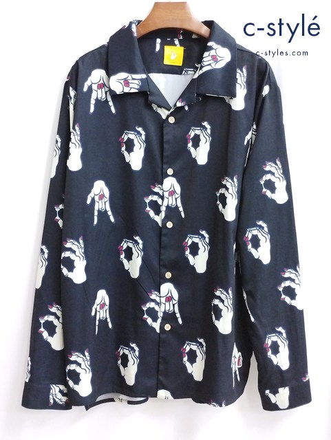 FR2 ×野生爆弾くっきー オープンカラーシャツ L ブラック系 FRS015 長袖 ポリエステル100%