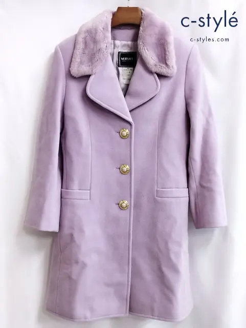 VERSACE ヴェルサーチェ ウールコート S パープル系 襟ファー付き イタリア製 レディース