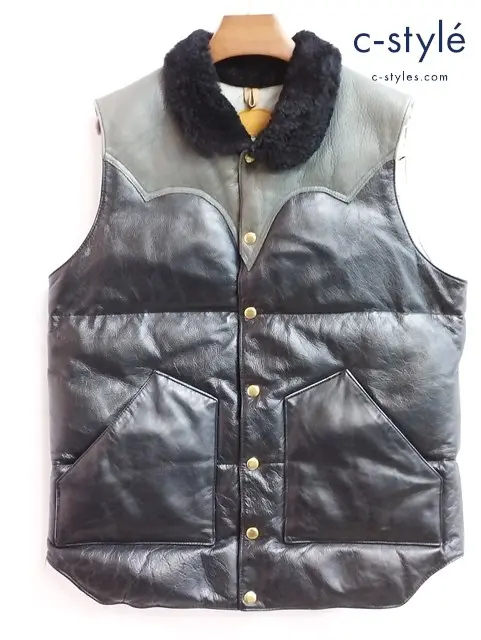 Warehouse ウェアハウス レザーダウンベスト L ブラック×グレー