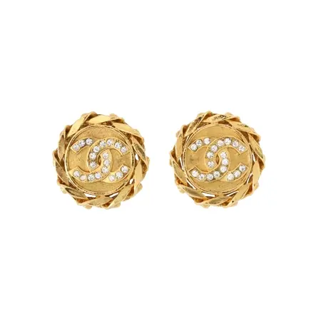 VINTAGE CHANEL(ヴィンテージ シャネル) 80s ラインストーンラウンドエッジチェーンCCマークイヤリング