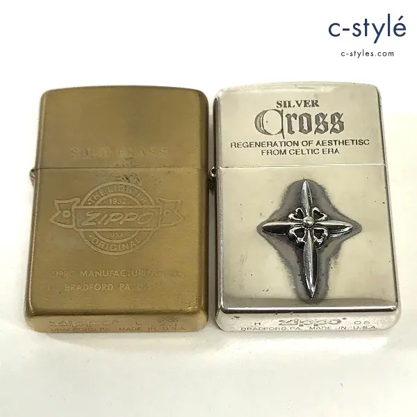 ZIPPO ジッポー オイルライター SOLID BRASS ゴールド 2000年 クロス シルバー 2005年 計2点 喫煙具