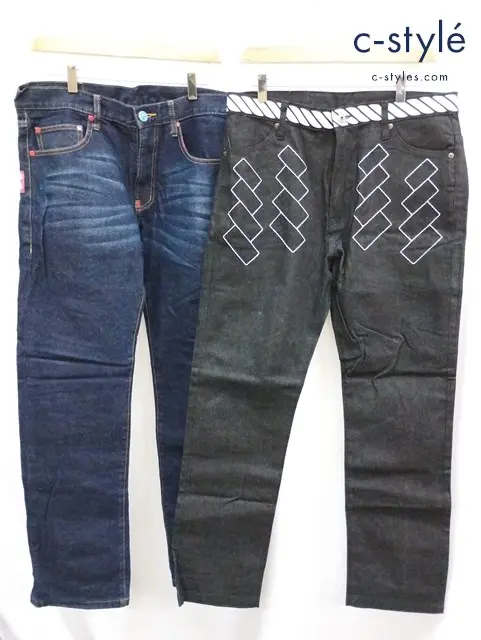 PUNK DRUNKERS パンクドランカーズ デニムパンツ L ブラック インディゴ 刺繍
