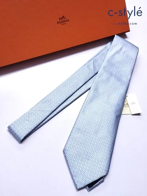 HERMES エルメス ネクタイ ブルー系×ホワイト シルク100％