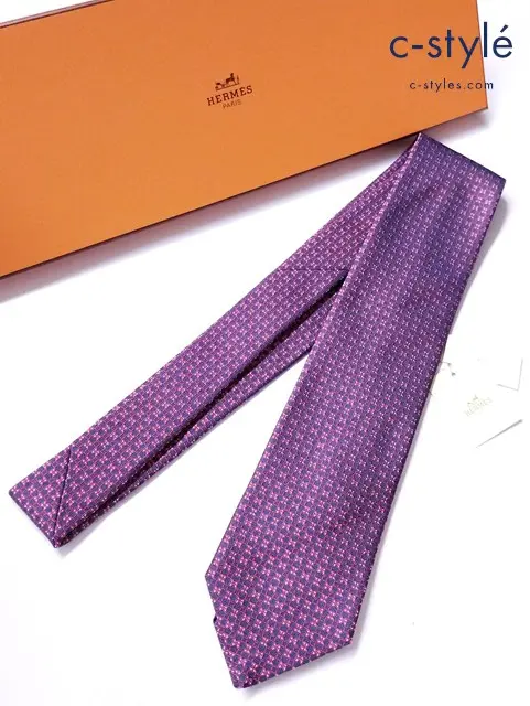 HERMES エルメス ネクタイ ネイビー×レッド シルク100％