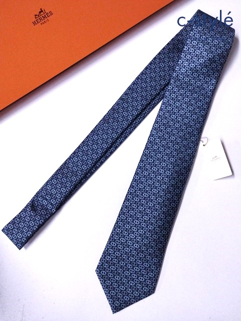 HERMES エルメス ネクタイ ネイビー×ブルー シェーヌダンクル シルク100％