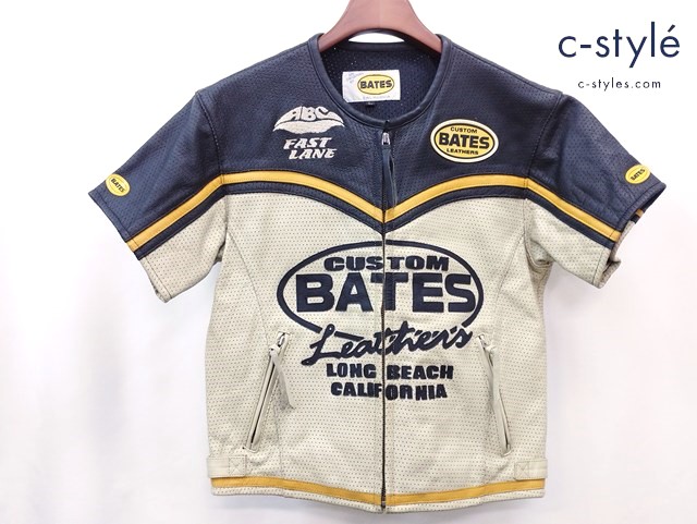 BATES ベイツ 半袖パンチングレザージャケット L ブラック × ベージュ バイク用品