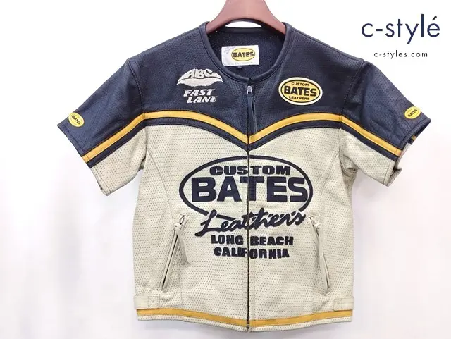 BATES ベイツ 半袖パンチングレザージャケット L ブラック × ベージュ バイク用品