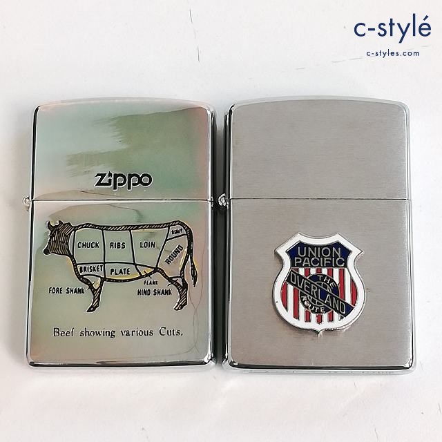 ZIPPO ジッポー オイルライター UNION PACIFIC THE ROUTE DVERLAND Beef shwing various Cuts. シルバー 1994 計2点
