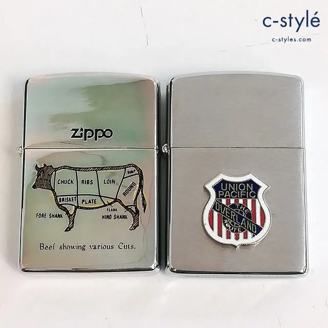 ZIPPO ジッポー オイルライター UNION PACIFIC THE ROUTE DVERLAND Beef shwing various Cuts. シルバー 1994 計2点