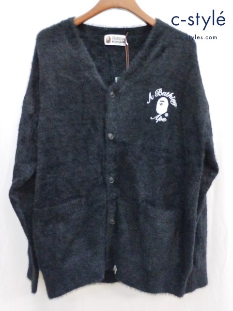 A BATHING APE アベイシングエイプ カーディガン L ブラック EMBROIDERY SHAGGY KNIT CARDIGAN 001KNJ801009M