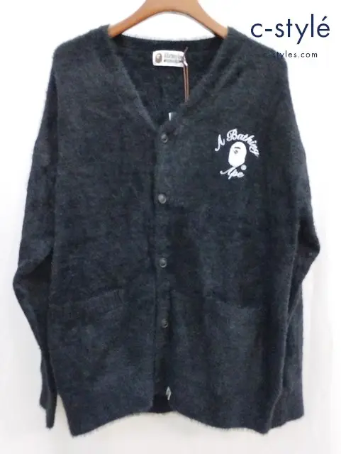 A BATHING APE アベイシングエイプ カーディガン L ブラック EMBROIDERY SHAGGY KNIT CARDIGAN 001KNJ801009M