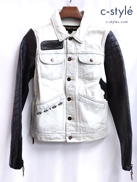 Harley Davidson デニムジャケット M ホワイト×ブラック 袖レザー 97464-18VW レディース