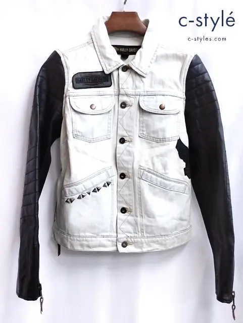 Harley Davidson デニムジャケット M ホワイト×ブラック 袖レザー 97464-18VW レディース