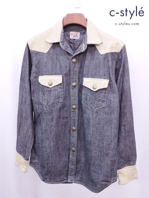 RED MOON レッドムーン ウエスタンレザー切り替えシャツ 38 グレー×ベージュ ボタン