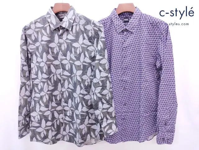 HUGO BOSS スリムフィットストレッチ総柄シャツ グリーン系 M パープル系 L