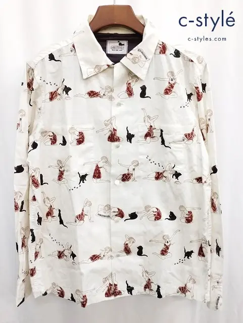 GANGSTERVILLE オープンカラーシャツ M アイボリー ガールキャット総柄 GSV-13-AW-26 長袖