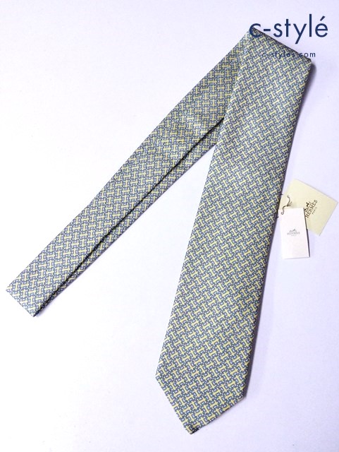 HERMES エルメス ネクタイ イエロー×ブルー系 シルク100％