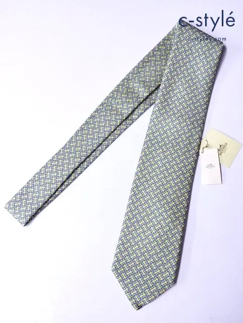 HERMES エルメス ネクタイ イエロー×ブルー系 シルク100％