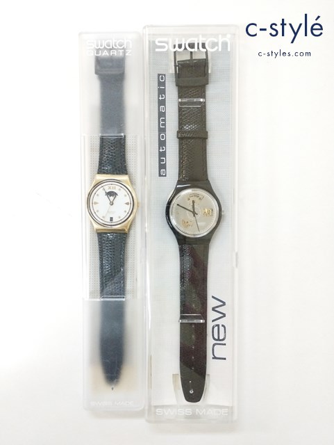 SWACH スウォッチ 腕時計 ブラック ネイビー×ゴールド クォーツ レザー 計2点