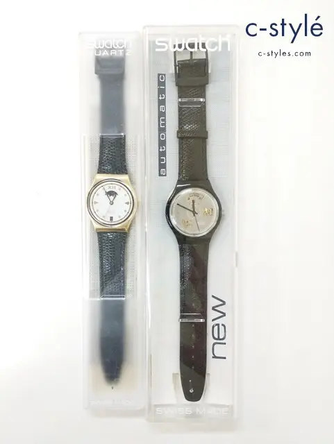 SWACH スウォッチ 腕時計 ブラック ネイビー×ゴールド クォーツ レザー 計2点