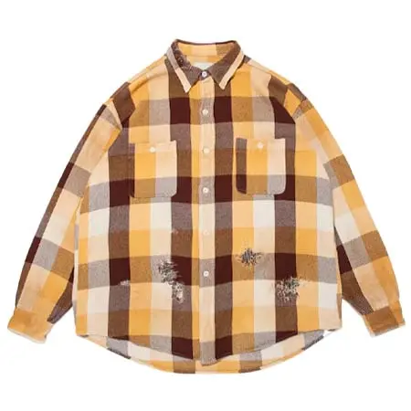 BOWWOW(バウワウ) REPAIR AGEING FLANNEL SHIRTS – BROWN X YELLOW X WHITE AGEING