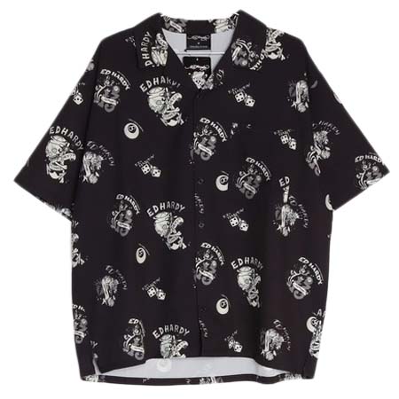 Ed Hardy(エドハーディー) オーバーサイズ 総柄 半袖開襟シャツ ポケット付