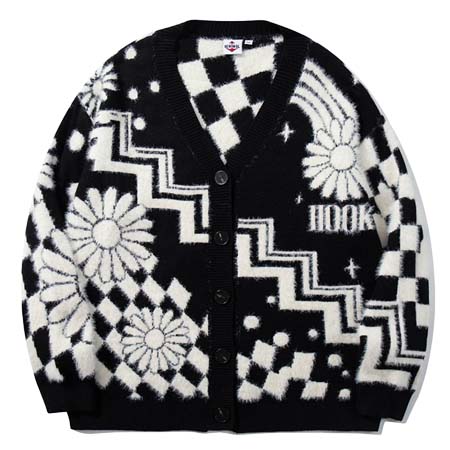 HOOK(フック) 「HOOK -original-」レトロ調幾何学模様　部分シャギーニットカーディガン