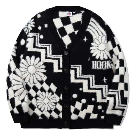 HOOK(フック) 「HOOK -original-」レトロ調幾何学模様　部分シャギーニットカーディガン