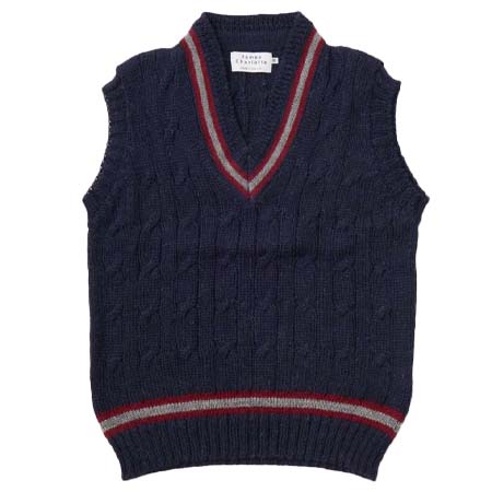James Charlotte(ジェームスシャルロット) CRICKET CABLE VEE SLIPOVER 100% BRITITSH WOOL SWEATER – NAVY – Lt BURGUNDY_STEEL_Lt BURGUNDY