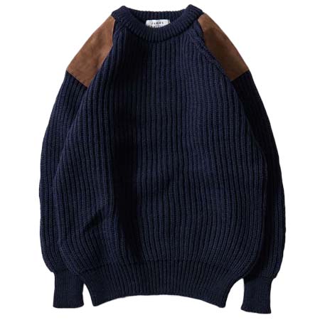 James Charlotte(ジェームスシャルロット) SAMPLE BRITISH WOOL RAGLAN CREW w/SHOULDER & ELBOW SUEDE PATCH – NAVY BLUE / GREY BROWN SUEDE