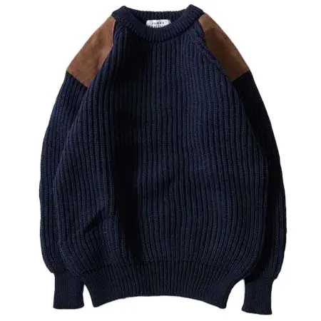 James Charlotte(ジェームスシャルロット) SAMPLE BRITISH WOOL RAGLAN CREW w/SHOULDER & ELBOW SUEDE PATCH – NAVY BLUE / GREY BROWN SUEDE