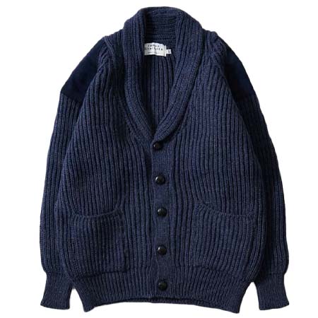 James Charlotte(ジェームスシャルロット) SAMPLE SHAWL CARDIGAN BRITITSH WOOL – DENIM / DK NAVY SUEDE / BLACK BTNS