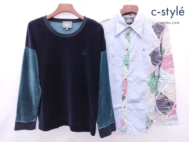 Vivienne Westwood MAN 長袖シャツ ベロアシャツ 44 マルチカラー ブラック×グリーン